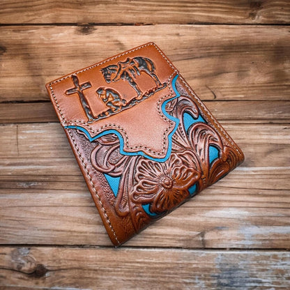 Floral Leather Cowboy Praying At Cross Wallet