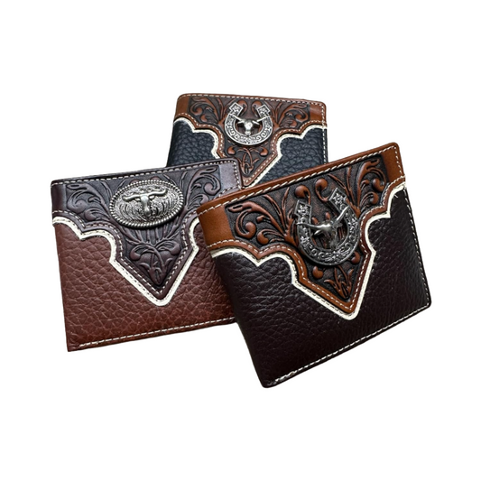 Mens Leather Wallet Horseshoe Longhorn Bi Fold