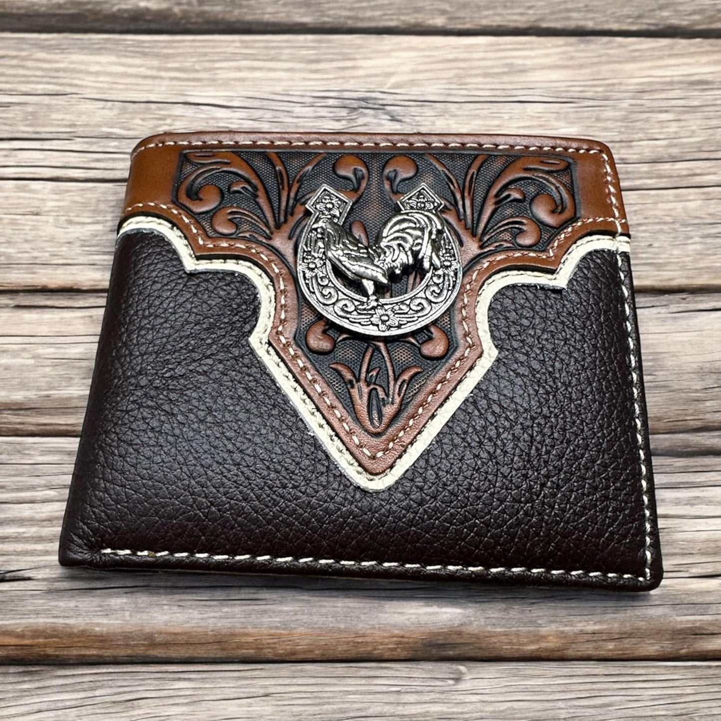 Mens Leather Wallet Horseshoe Rooster Bi Fold