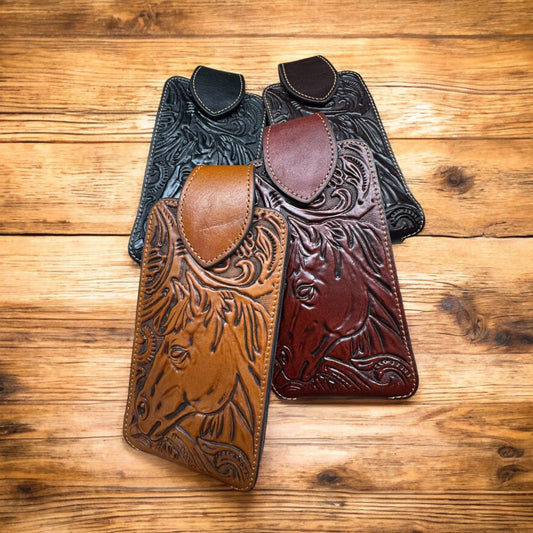 Western Stakes Western Leather Phone Belt Holster Cell Phone Case Pouch Embossed Tooled Horse Cowboy Elastic Sides High End Case for iPhone Samsung Universal