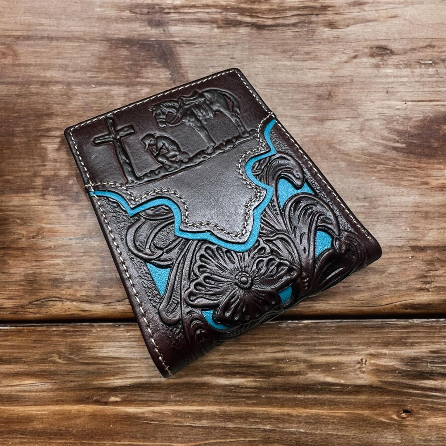 Floral Leather Cowboy Praying At Cross Wallet