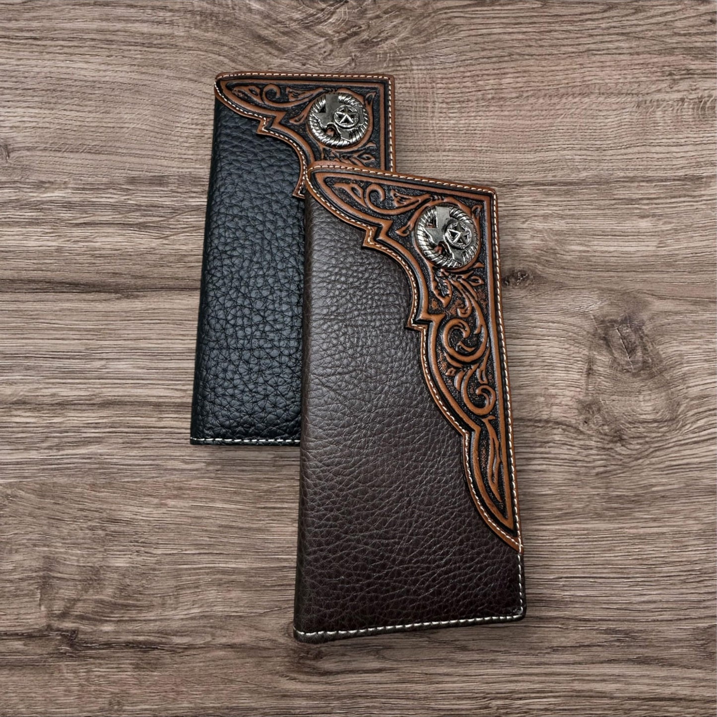 Leather Long Wallet Floral Embossed Texas Concho