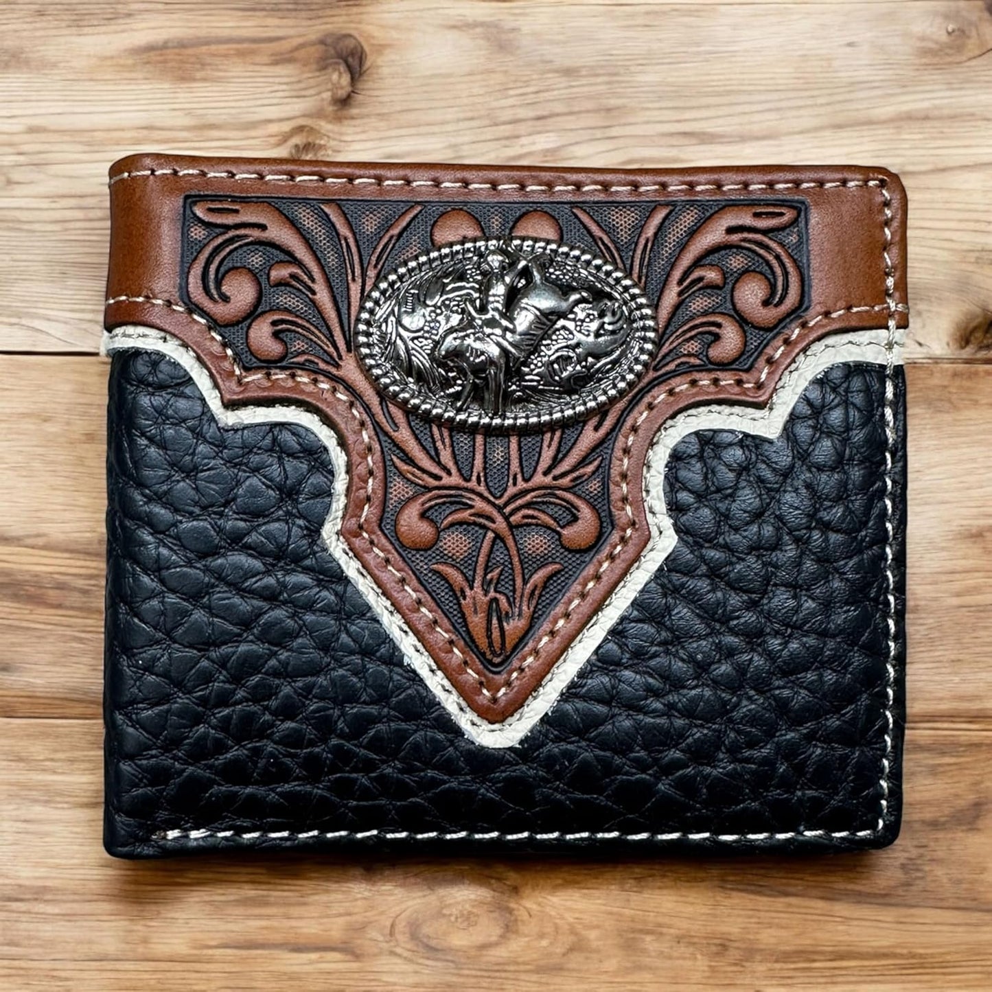 Mens Leather Wallet Cowboy Bull Riding Leather Bi Fold