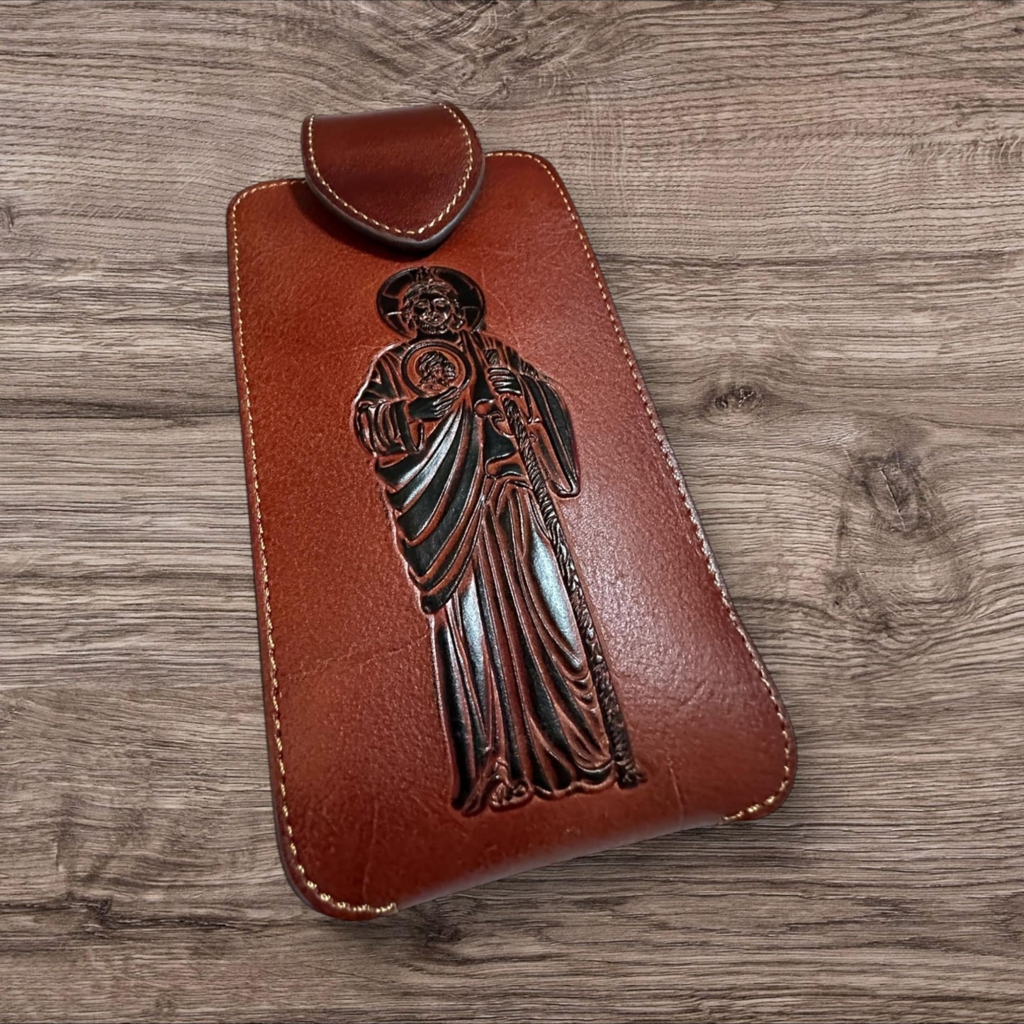 Western Stakes Leather Phone Belt Holster Embossed Saint Jude Apostle