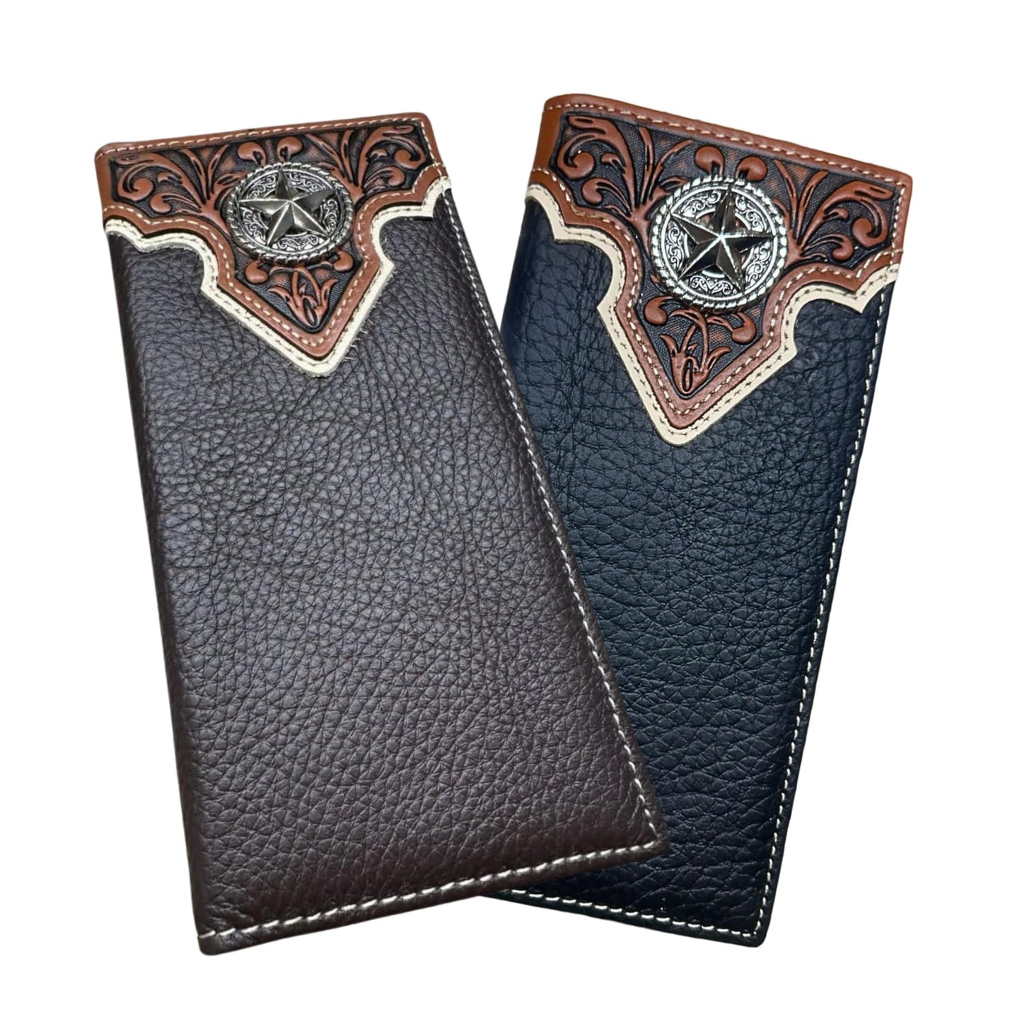 Leather Long Wallet Floral Tooled Bi Fold Lone Star Concho