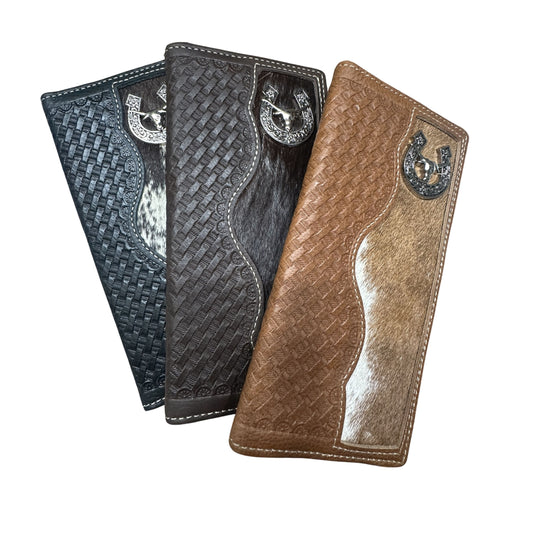 Longhorn Long Wallet Black With Cowhair Basketweave