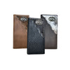 Three leather wallets with intricate stitched patterns and metallic embellishments. The cowboy wallet lineup is displayed side by side, featuring one in tan, one in black, and one in a mix of black and gray. Each Bull Rider Long Wallet W Cowhair Basketweave from Western Stakes boasts a distinct texture and design on the top corner.