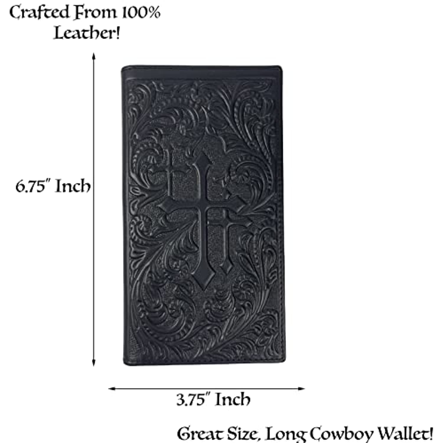 The Western Stakes Mens Leather Cowboy Long Wallet Tri Cross Tooled, measuring 6.75 inches long and 3.75 inches wide, showcases intricate floral carvings and a prominent cross design in the center. Crafted from 100% leather, this stylish Western cowboy wallet also offers RFID blocking for added security.