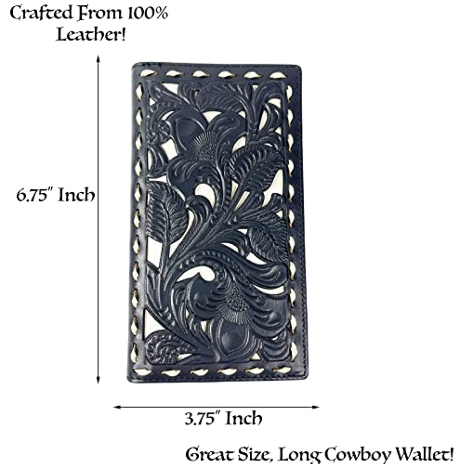 A long Urbalabs Nutrition Western Cowboy Leather Long Wallets for Men Checkbook Tooled Wallet Floral Bifold made from 100% genuine leather with intricate floral tooled designs. The wallet measures 6.75 inches in height and 3.75 inches in width, and features RFID blocking for extra security. Text on the image reads "Crafted from 100% Leather!" and "Great Size, Long Cowboy Wallet!".