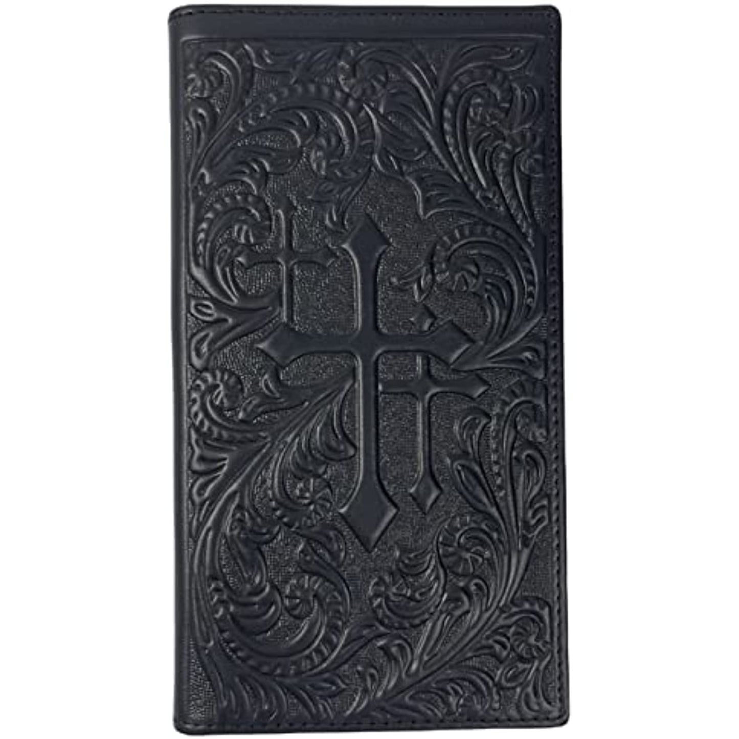 A black leather wallet with an ornate embossed design featuring a prominent cross at the center. The intricate pattern consists of swirling, floral motifs that cover the front surface of this RFID blocking wallet, making it the Mens Leather Cowboy Long Wallet Tri Cross Tooled by Western Stakes.