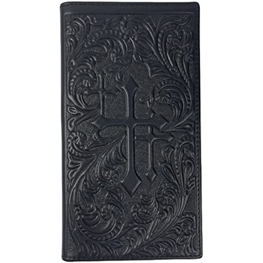 A black genuine leather Urbalabs Nutrition Western Cowboy Leather Long Wallets for Men Cross Tooled Wallet 003 features an intricate floral and scroll pattern embossed on the surface. At the center, there is a prominent cross design, also embossed, blending seamlessly with the surrounding ornate motifs. This wallet also includes RFID blocking technology for added security.