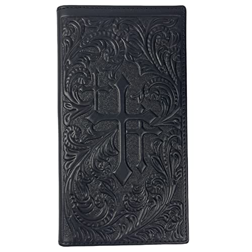 A genuine leather black journal or book cover with an intricate embossed design featuring a prominent cross in the center, surrounded by ornate, swirling patterns. This elegant piece is akin to the Urbalabs Nutrition Western Cowboy Leather Long Wallets for Men Cross Tooled Wallet 003, blending rugged charm with sophisticated craftsmanship.