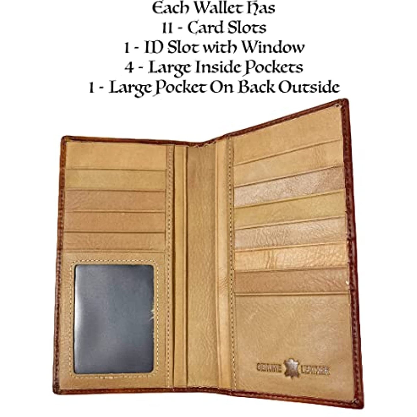 An open brown Western Cowboy Leather Long Wallet Floral Cut by Urbalabs Nutrition is displayed, showing 11 card slots, 1 ID slot with a window, 4 large inside pockets, and 1 large pocket on the back outside. Featuring RFID blocking technology for added security, the text above lists these features in a stylized font.