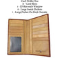 An Urbalabs Nutrition Western Cowboy Leather Long Wallets for Men Checkbook Tooled Wallet Floral Bifold in brown leather is open to display its organizational features. With RFID blocking technology, it includes 11 card slots, one ID slot with a transparent window, four large inside pockets, and one large pocket on the back outside. "GENUINE LEATHER" is embossed on the interior.