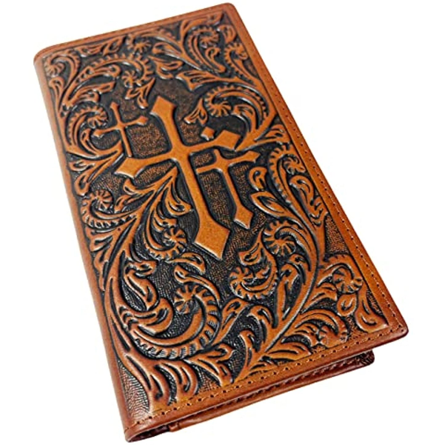 A brown Urbalabs Nutrition Western Cowboy Leather Long Wallets for Men Cross Tooled Wallet 003 featuring intricate, ornate floral designs engraved into the surface, with a prominent cross in the center. Made from genuine leather and equipped with RFID blocking, the craftsmanship highlights detailed patterns that give the wallet a classic and elegant appearance.