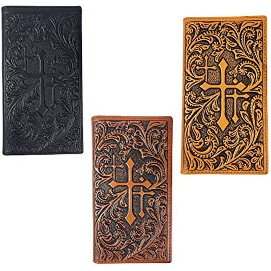 Three intricately carved Mens Leather Cowboy Long Wallet Tri Cross Tooled by Western Stakes featuring a central cross and detailed floral designs are displayed. These leather long wallets come in three colors: black, dark brown, and light brown.