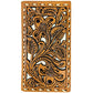 A tan leather wallet with intricate, embossed floral patterns and swirls, bordered by a series of small, diamond-shaped cutouts that reveal a lighter fabric beneath. This Urbalabs Nutrition Western Cowboy Leather Long Wallets for Men Checkbook Tooled Wallet Floral Bifold is made of genuine leather and features RFID blocking for enhanced security. The detailed design displays craftsmanship and decoration.