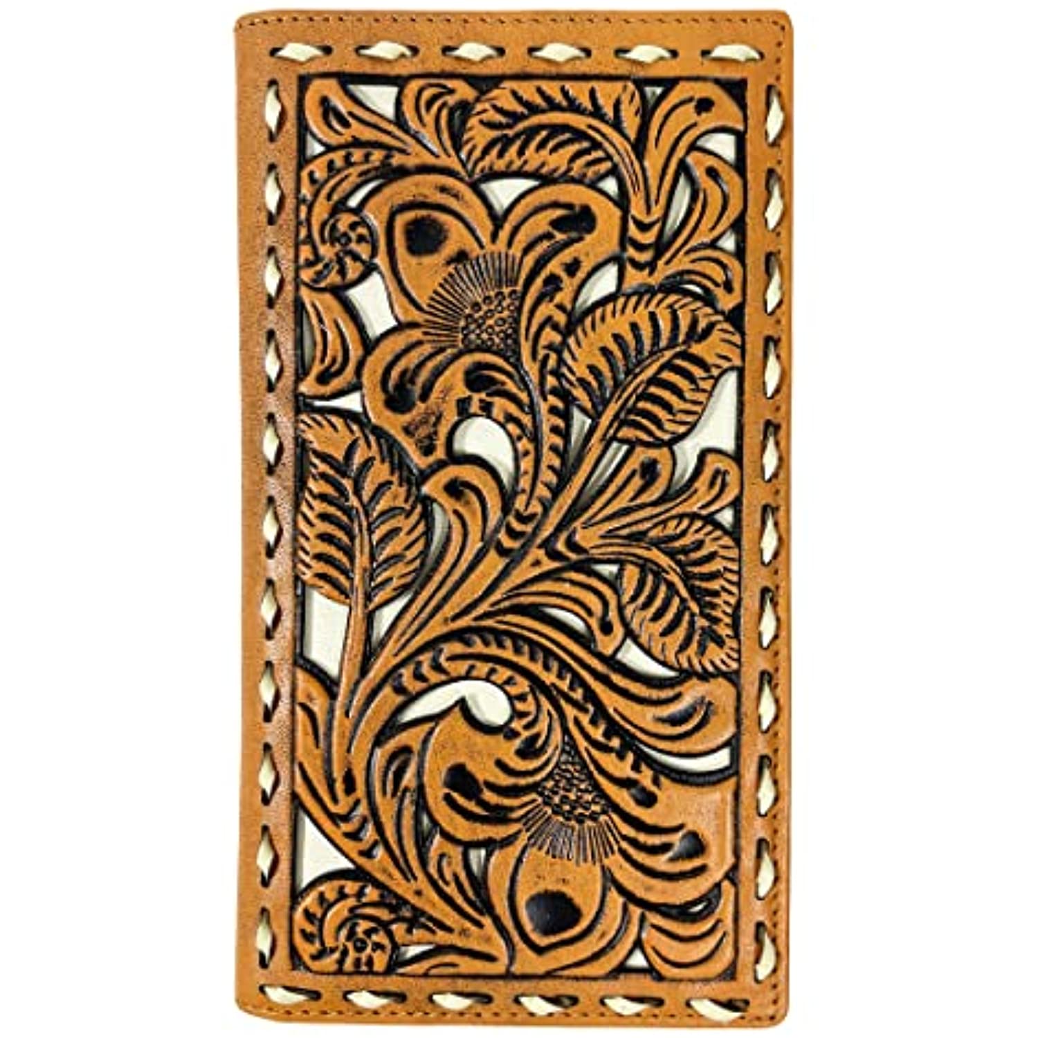 A tan leather wallet with intricate, embossed floral patterns and swirls, bordered by a series of small, diamond-shaped cutouts that reveal a lighter fabric beneath. This Urbalabs Nutrition Western Cowboy Leather Long Wallets for Men Checkbook Tooled Wallet Floral Bifold is made of genuine leather and features RFID blocking for enhanced security. The detailed design displays craftsmanship and decoration.