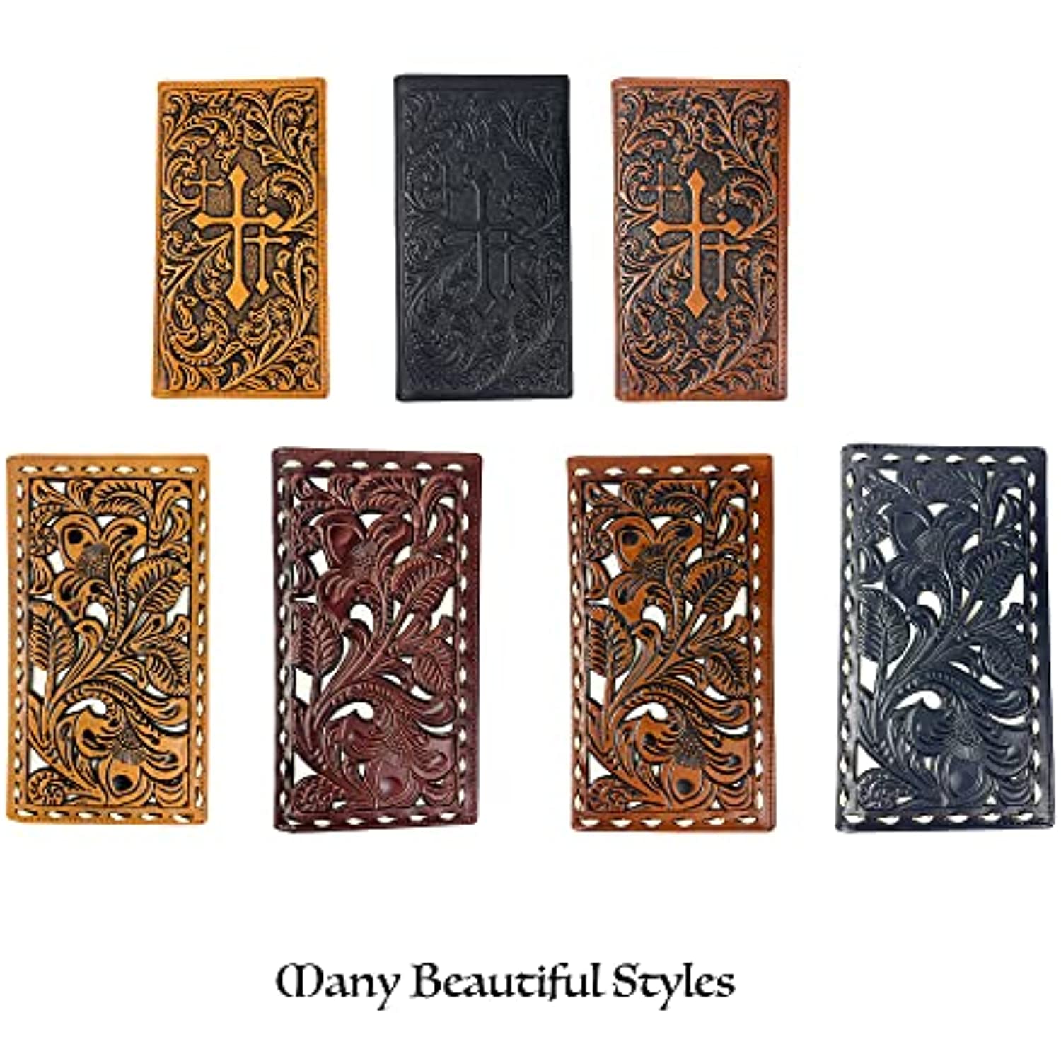 A collection of seven intricately designed Western Cowboy Leather Long Wallets for Men Checkbook Tooled Wallet Floral Bifold showcases different patterns, including crosses and floral motifs, in varying colors such as brown, black, and deep red. Made from genuine leather and featuring RFID blocking technology, these stylish wallets echo the craftsmanship of a classic men's western wallet. Urbalabs Nutrition offers "Many Beautiful Styles.