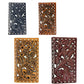 Four intricately designed Urbalabs Nutrition Western Cowboy Leather Long Wallets for Men Checkbook Tooled Wallet Floral Bifold are displayed in black, brown, tan, and burgundy. Crafted from genuine leather, each wallet features elaborate floral and leaf patterns with cut-out detailing along the edges. Additionally, they come with RFID blocking technology for added security.
