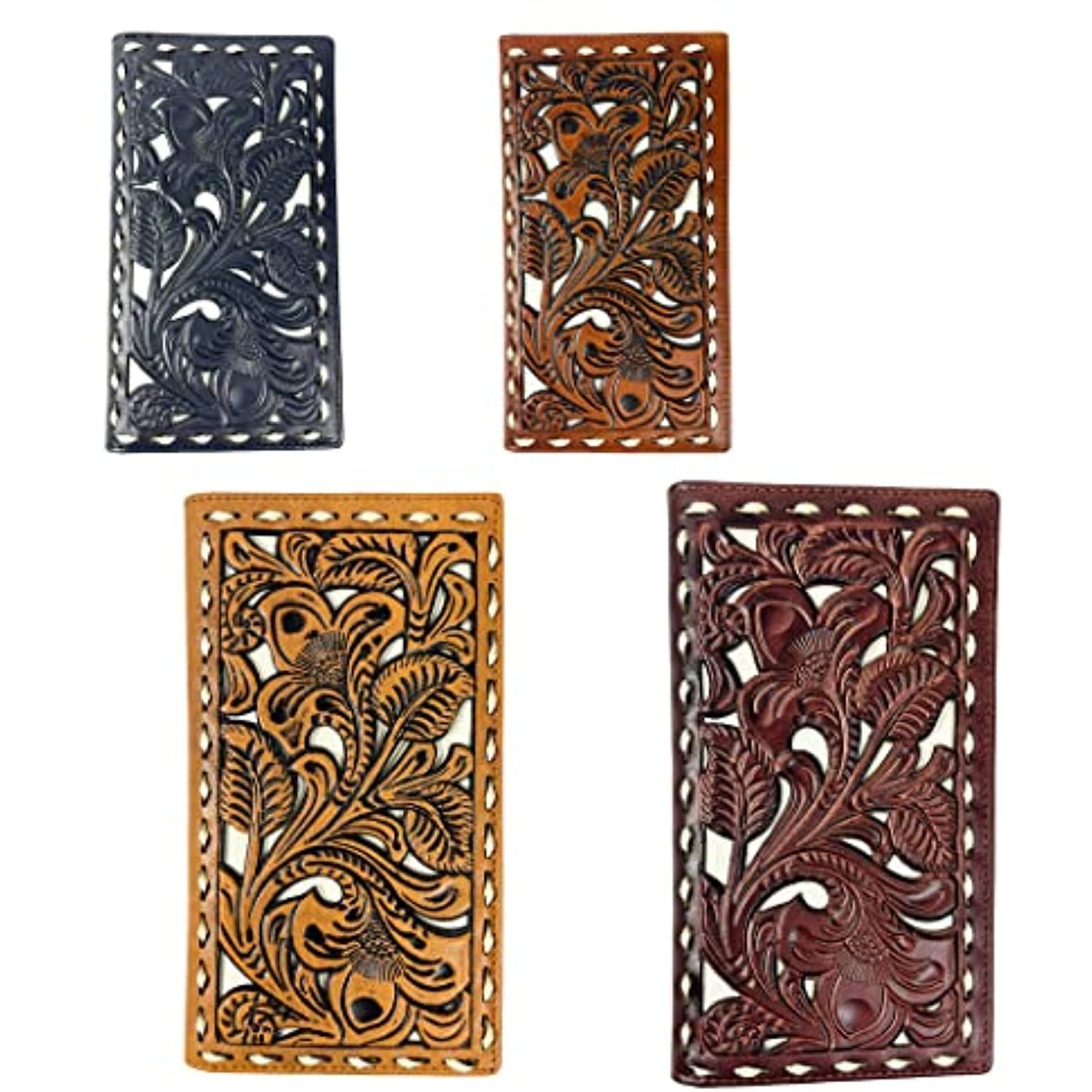 Four intricately designed Urbalabs Nutrition Western Cowboy Leather Long Wallets for Men Checkbook Tooled Wallet Floral Bifold are displayed in black, brown, tan, and burgundy. Crafted from genuine leather, each wallet features elaborate floral and leaf patterns with cut-out detailing along the edges. Additionally, they come with RFID blocking technology for added security.