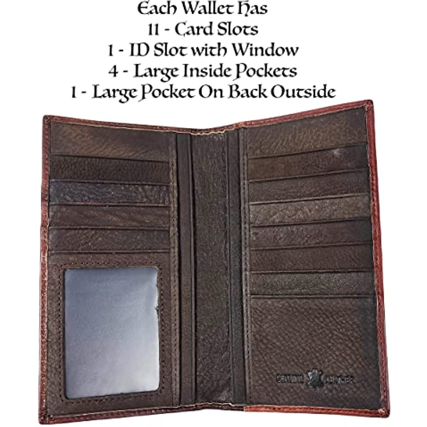 Image of an open dark brown men's Western wallet crafted from genuine leather, featuring multiple card slots. The wallet has 11 card slots, 1 ID slot with a window, RFID blocking technology for security, 4 large inside pockets, and 1 large pocket on the back outside. Text listing these features is visible above the wallet. Product: Urbalabs Nutrition Western Cowboy Leather Long Wallets for Men Checkbook Tooled Wallet Floral Bifold.