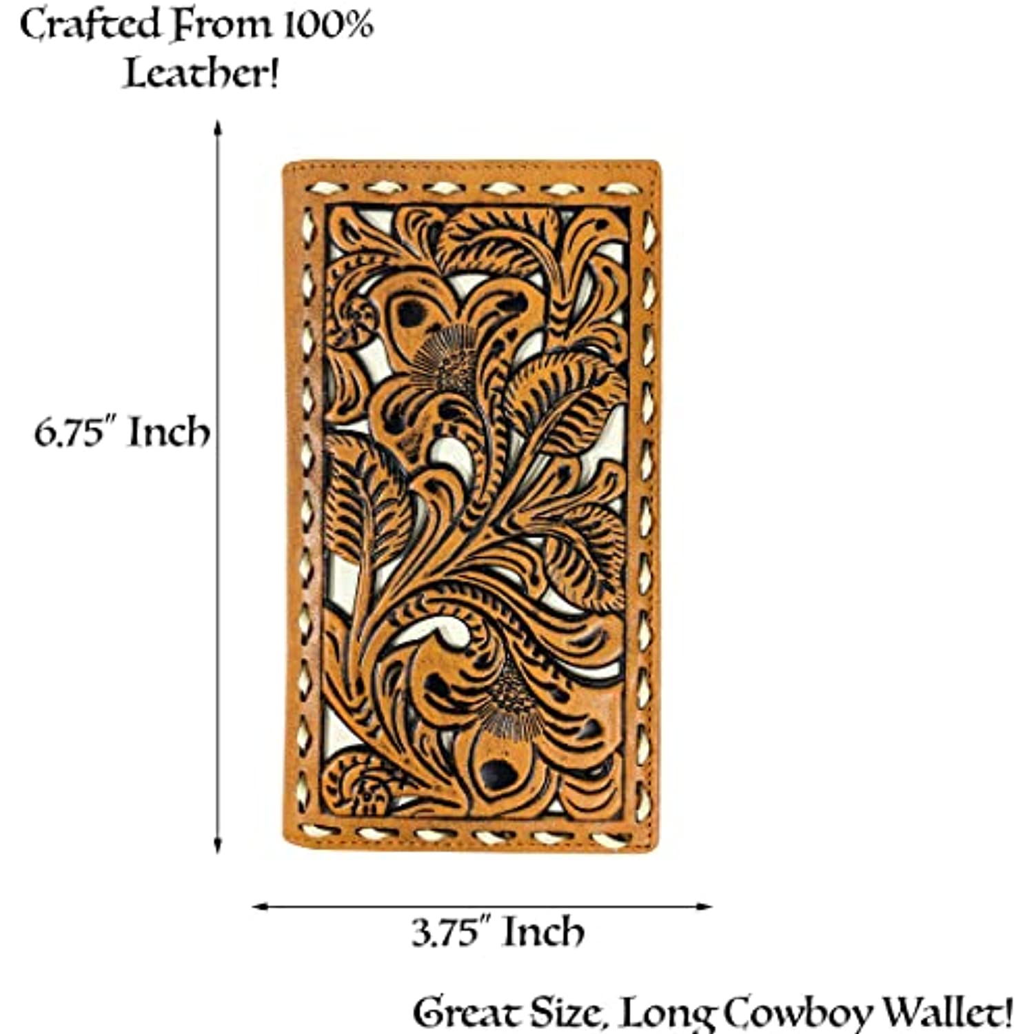 A rectangular men's western wallet made from 100% genuine leather, measuring 6.75 inches in height and 3.75 inches in width. The wallet features intricate, embossed floral designs and is labeled as a "Western Cowboy Leather Long Wallets for Men Checkbook Tooled Wallet Floral Bifold" by Urbalabs Nutrition! With added RFID blocking for security, it's both stylish and practical.