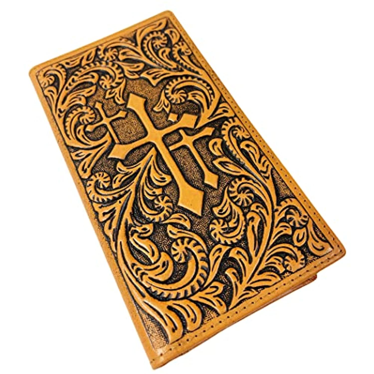 A detailed image of a genuine leather Western Cowboy Leather Long Wallets for Men Cross Tooled Wallet 003 from Urbalabs Nutrition with ornate floral and cross designs embossed on the front. The craftsmanship features intricate swirls and patterns, highlighting the cross at the center, all while providing RFID blocking for added security.