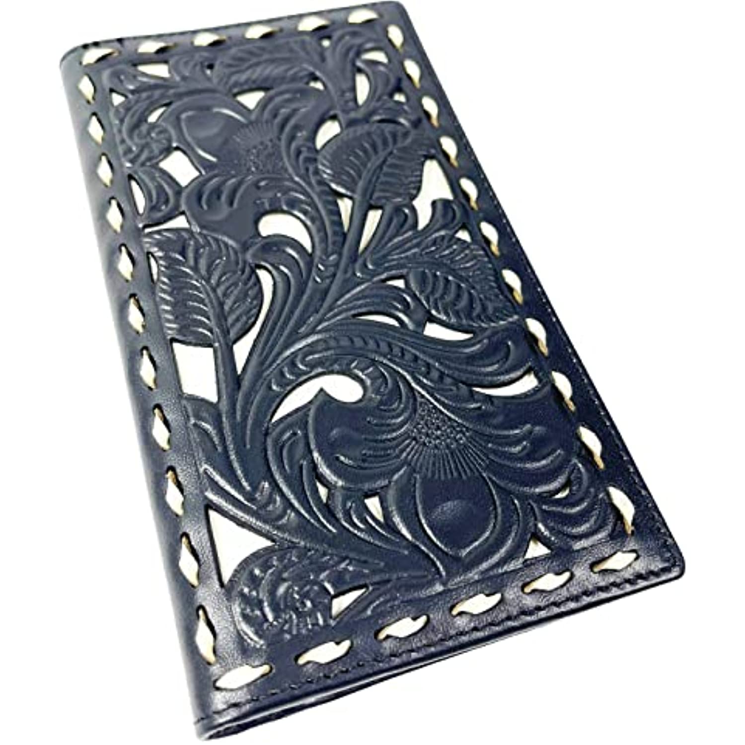 A **black** **Western Cowboy Leather Long Wallets for Men Checkbook Tooled Wallet Floral Bifold** crafted from genuine leather, featuring intricate floral embossing and decorative stitching along the edges. The detailed design includes leaves and petals, creating an elegant, ornate pattern. This stylish accessory also offers RFID blocking for added security by **Urbalabs Nutrition**.