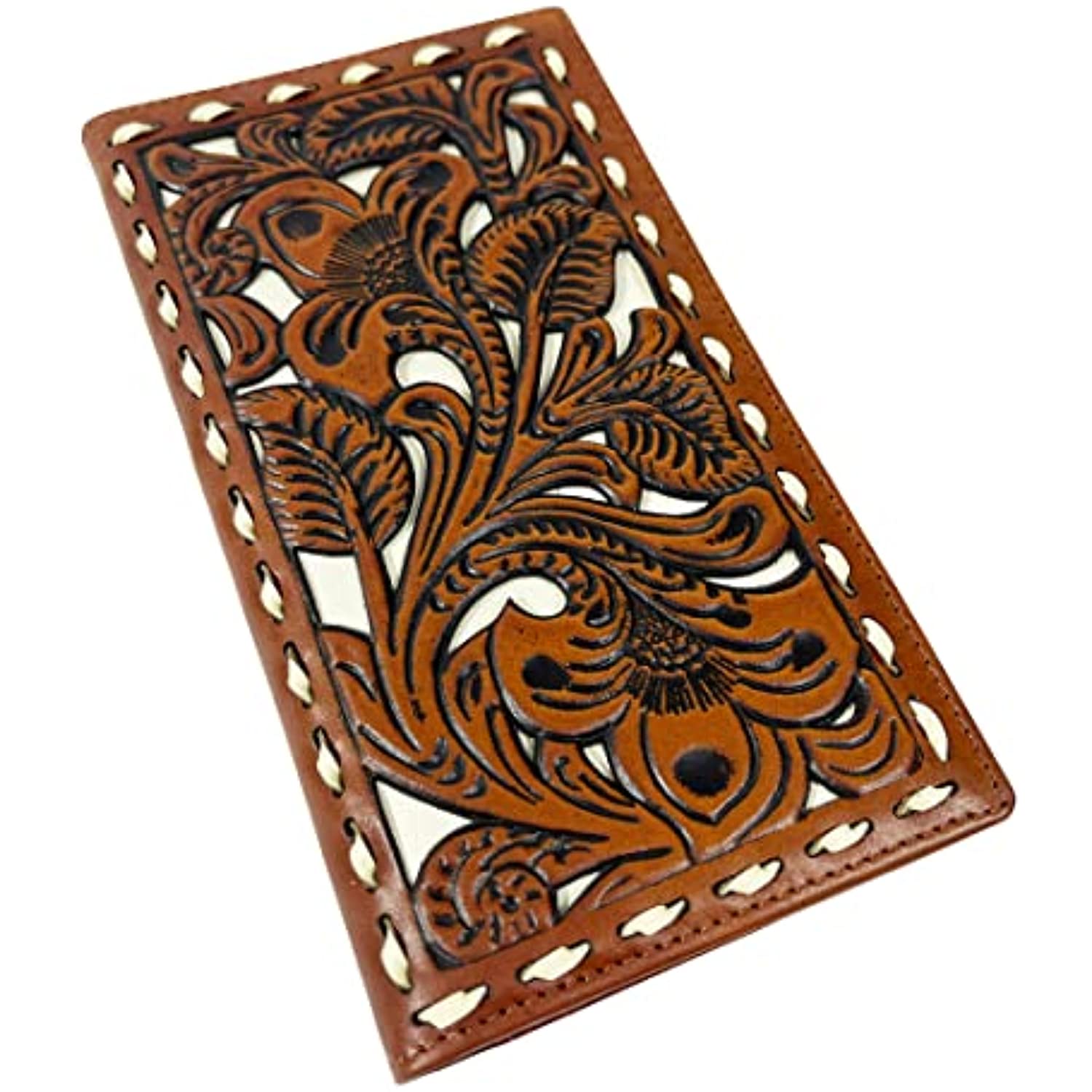 A brown leather wallet with intricate floral and peacock feather engravings on the front. This Urbalabs Nutrition Western Cowboy Leather Long Wallet Floral Cut features edges adorned with white stitching, providing a decorative border around the detailed design. Plus, it includes RFID blocking technology to protect your cards.