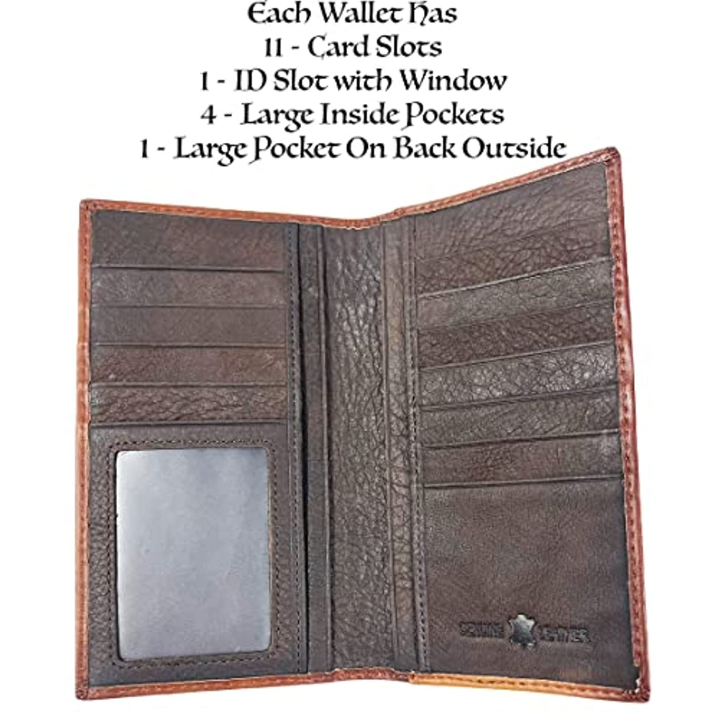 An open Urbalabs Nutrition Western Cowboy Leather Long Wallets for Men Cross Tooled Wallet 003 displaying its various compartments. It has card slots on both sides, an ID window slot, four large inside pockets, and one large pocket on the back. Crafted from genuine leather, it ensures durability. Text above the wallet highlights these RFID blocking features.