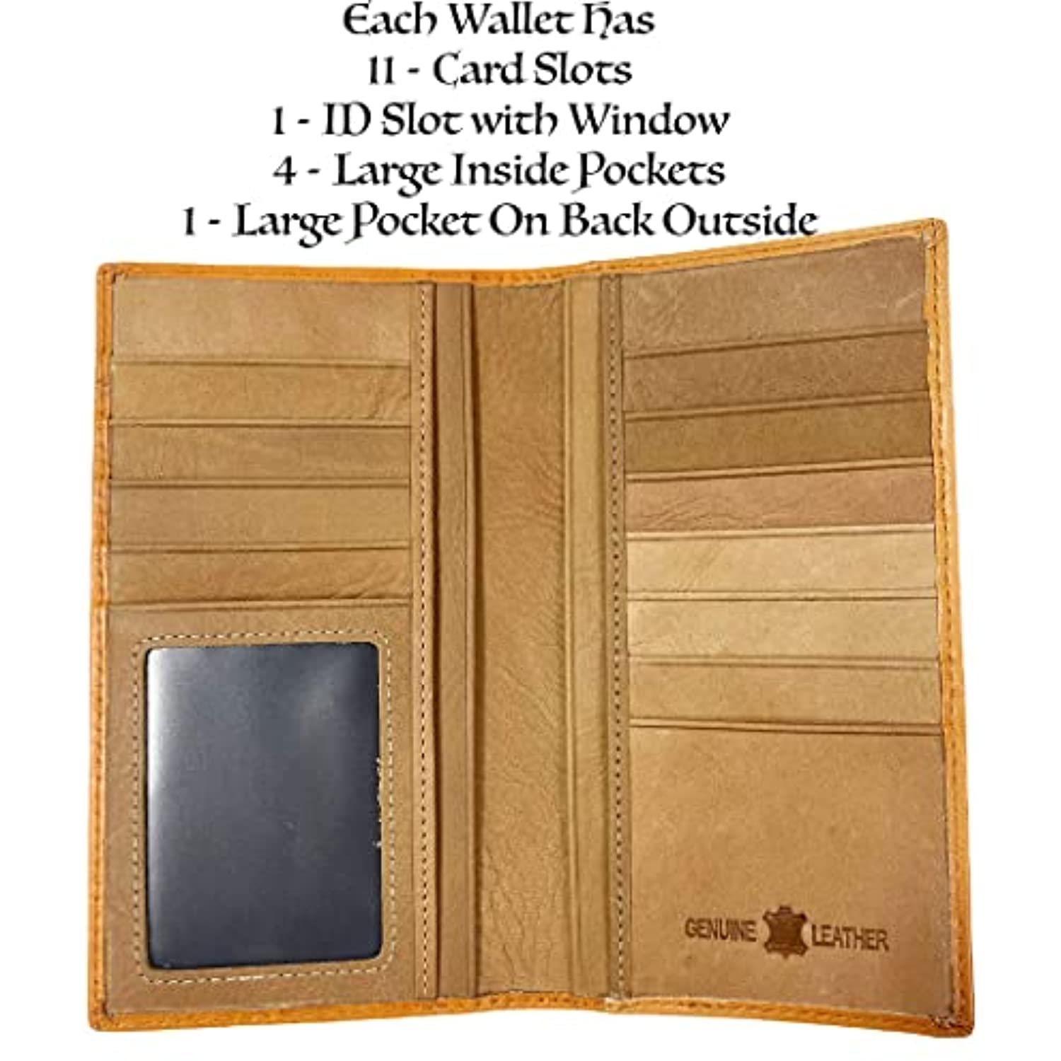 A Western Cowboy Leather Long Wallets for Men Cross Tooled Wallet 003 by Urbalabs Nutrition is open, revealing multiple card slots. There are 11 card slots, a clear ID slot, and four large inside pockets. The text above the wallet lists the features, including "Genuine Leather" stamped at the bottom right corner and RFID Blocking for added security.