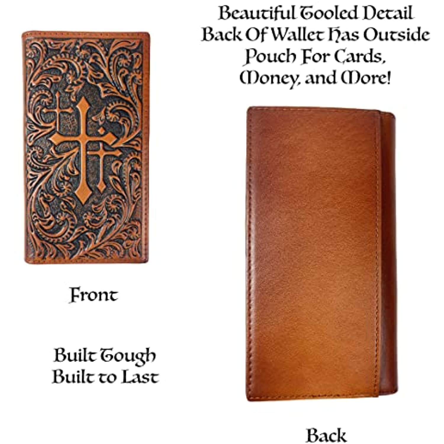 A brown leather wallet with two sides shown. The front has intricate tooled detailing with a cross design. The back is plain leather. Text reads: "Beautiful tooled detail on this genuine Urbalabs Nutrition Western Cowboy Leather Long Wallets for Men Cross Tooled Wallet 003. Back of wallet has an outside pouch for cards, money, and more! Built tough, built to last.