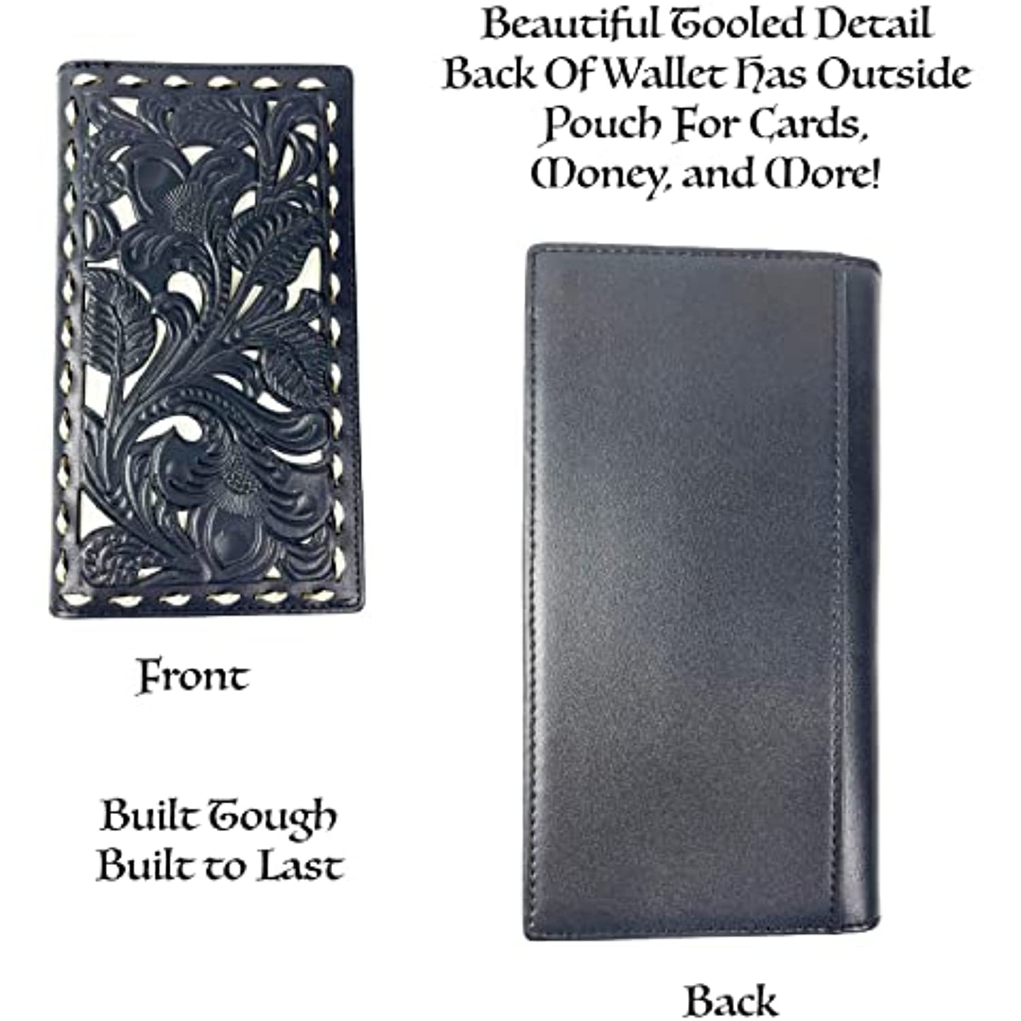 This image shows the Urbalabs Nutrition Western Cowboy Leather Long Wallets for Men Checkbook Tooled Wallet Floral Bifold with two views: the front and the back. The front features intricate tooled designs, and the back is plain. Text above the wallet states, "Beautiful tooled detail. Back of wallet has an RFID blocking outside pouch for cards, money, and more!" Text below says, "Built tough from genuine leather to last.