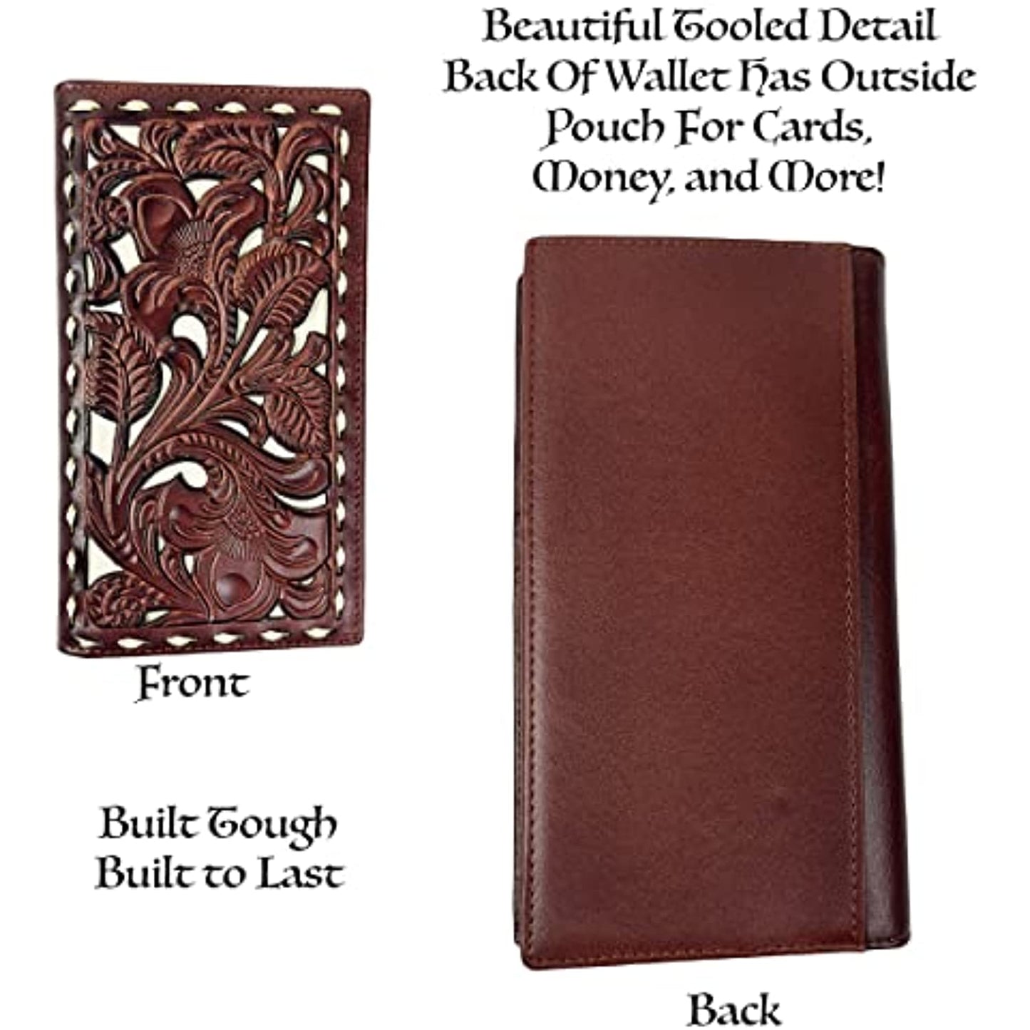 An image of a men's Western Cowboy Leather Long Wallets for Men Checkbook Tooled Wallet Floral Bifold crafted by Urbalabs Nutrition from genuine leather, featuring intricate tooled detail on the front and a plain back. The text highlights its durability and practical design, including an outside pouch for cards, money, and more. It also offers RFID blocking for added security.