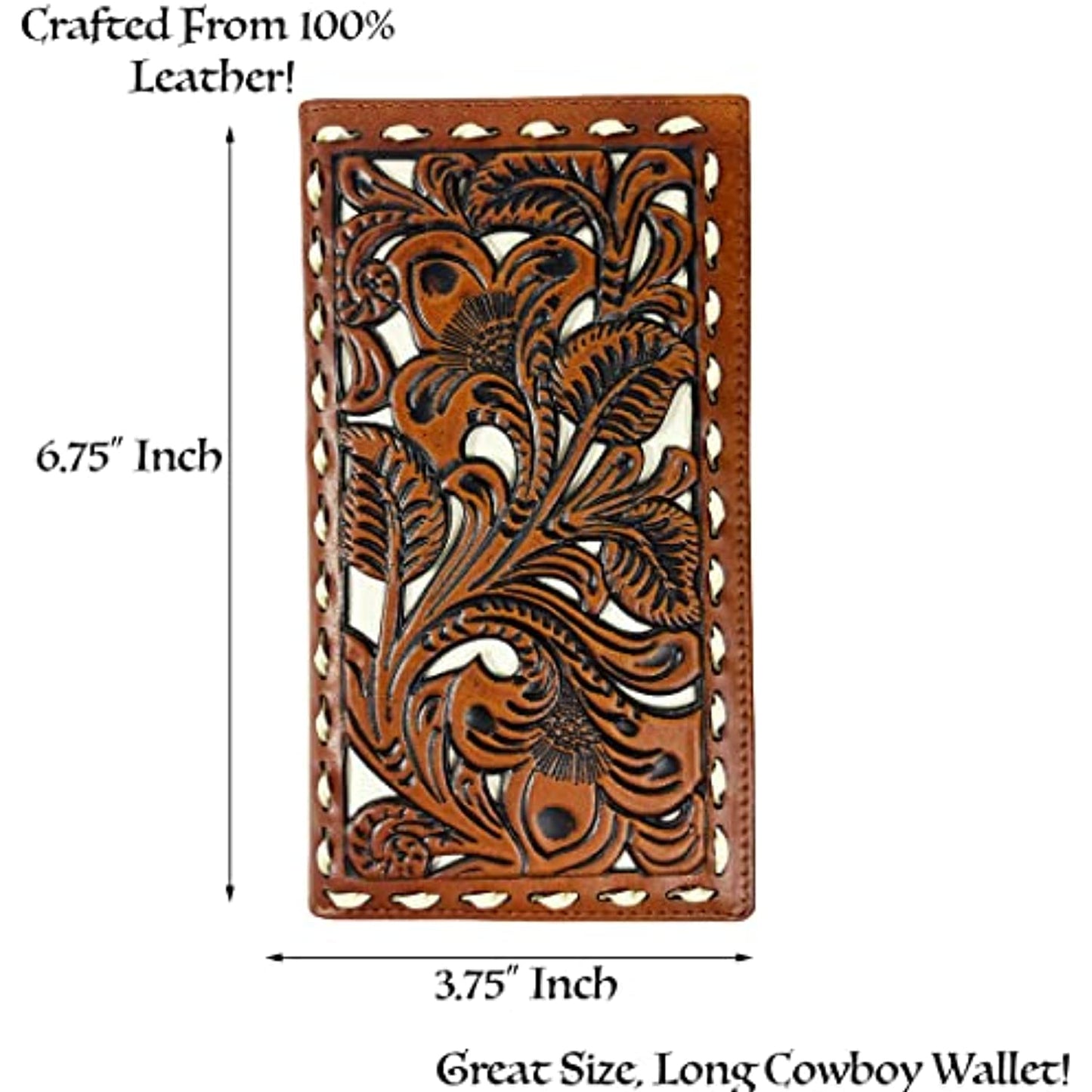 A Western Cowboy Leather Long Wallet Floral Cut, this brown leather cowboy wallet from Urbalabs Nutrition measures 6.75 inches in height and 3.75 inches in width. It features intricate embossed designs of leaves and floral patterns and includes RFID blocking technology for added security, crafted from 100% premium leather.