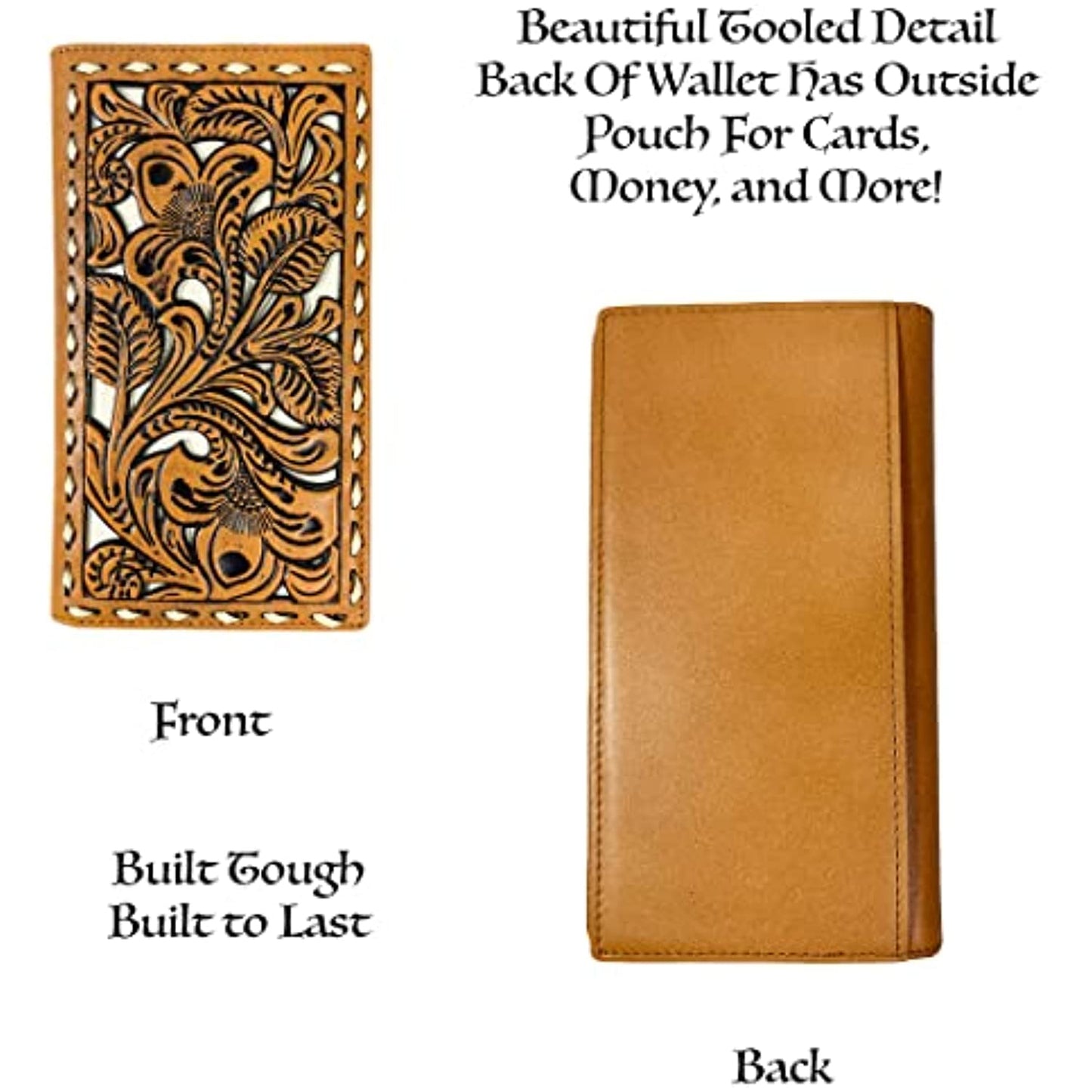 Image showing an Urbalabs Nutrition Western Cowboy Leather Long Wallets for Men Checkbook Tooled Wallet Floral Bifold crafted from genuine leather with intricate tooled detailing on the front and a smooth surface on the back. Text indicates it's built tough and designed to last, featuring an outside pouch for cards, money, and more.