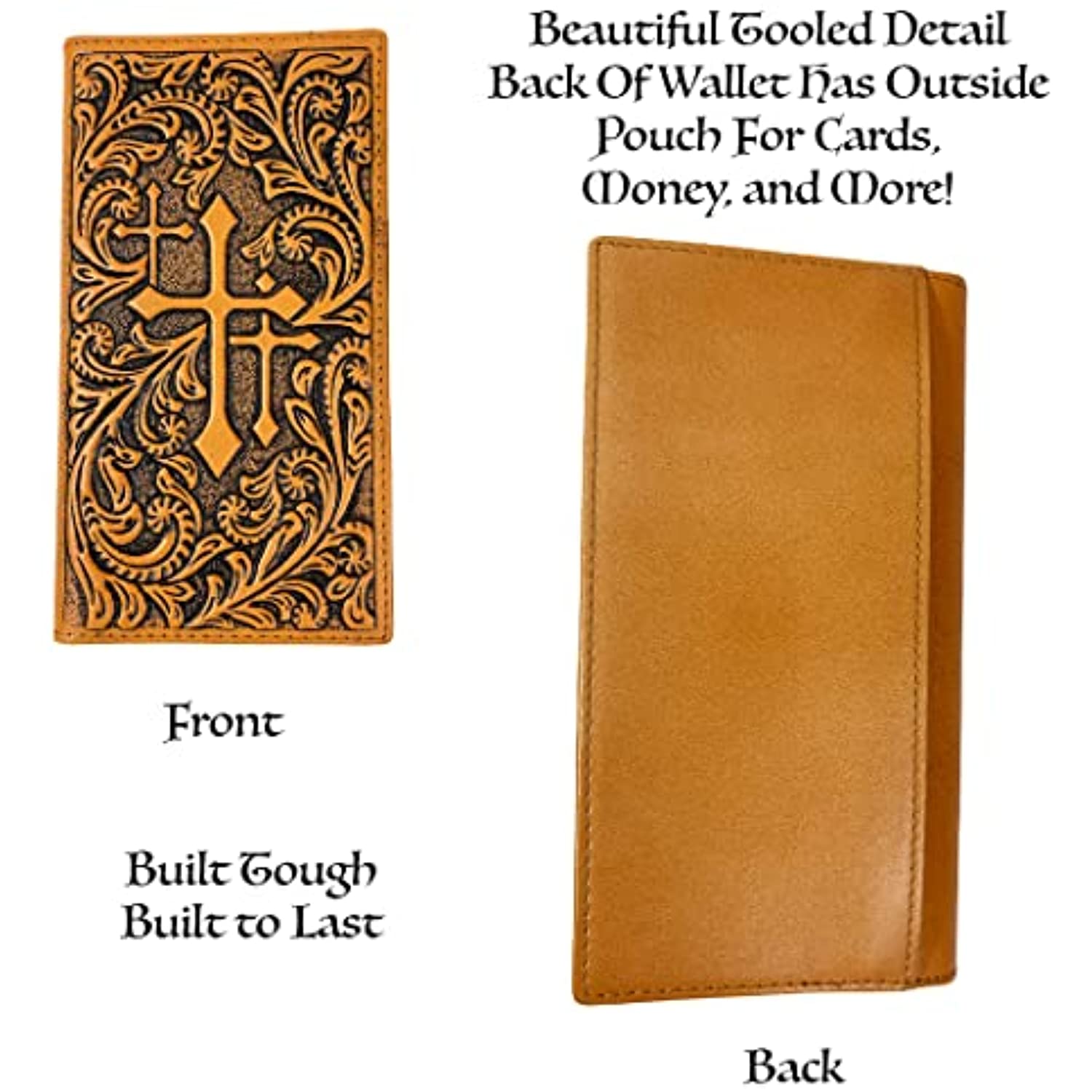 Image of a tan leather wallet with a detailed tooled design of a cross and floral patterns on the front. Text on the image reads, "Beautiful Tooled Detail Back Of Wallet Has Outside Pouch For Cards, Money, and More! Built Tough, Built to Last." This genuine leather Urbalabs Nutrition Western Cowboy Leather Long Wallets for Men Cross Tooled Wallet 003 also features RFID blocking.