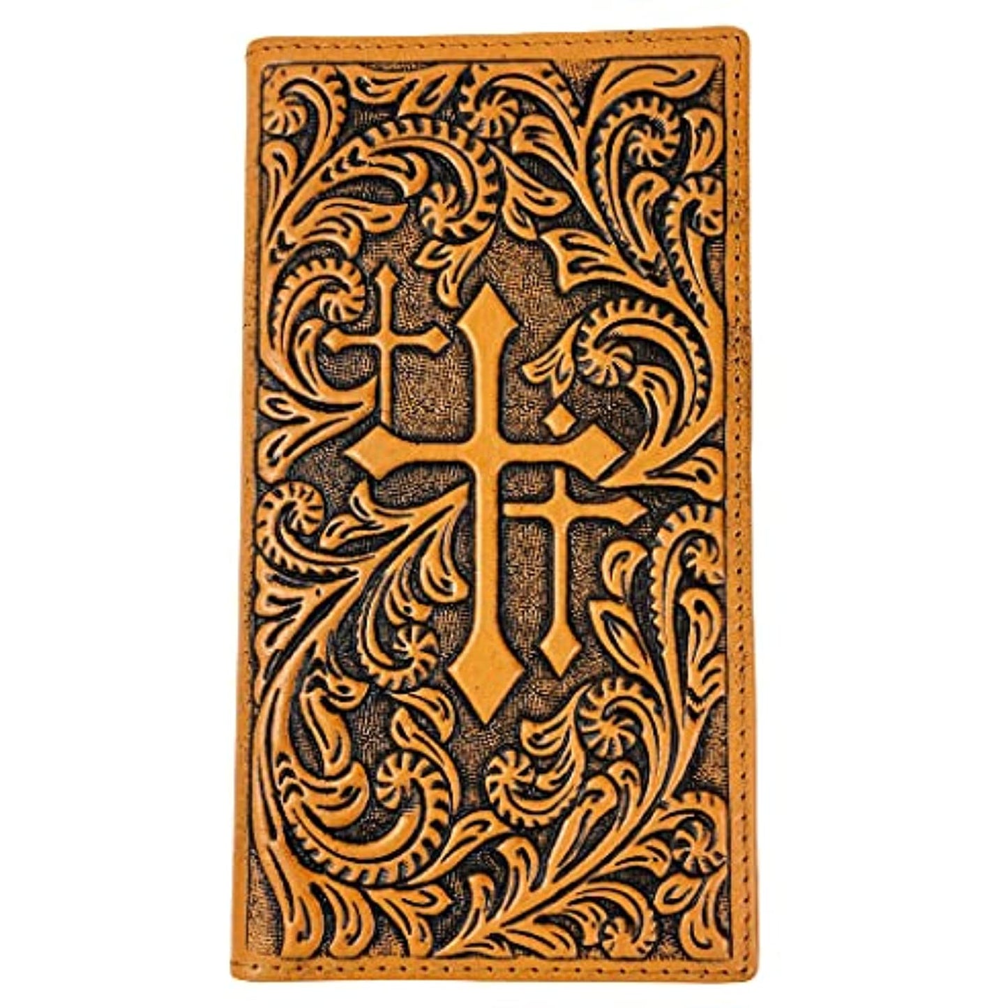 A Urbalabs Nutrition Western Cowboy Leather Long Wallets for Men Cross Tooled Wallet 003 crafted from genuine leather, featuring intricate floral patterns and two cross designs prominently displayed in the center. The detailed design provides a vintage and artistic look, while the RFID blocking technology ensures your cards are kept safe.