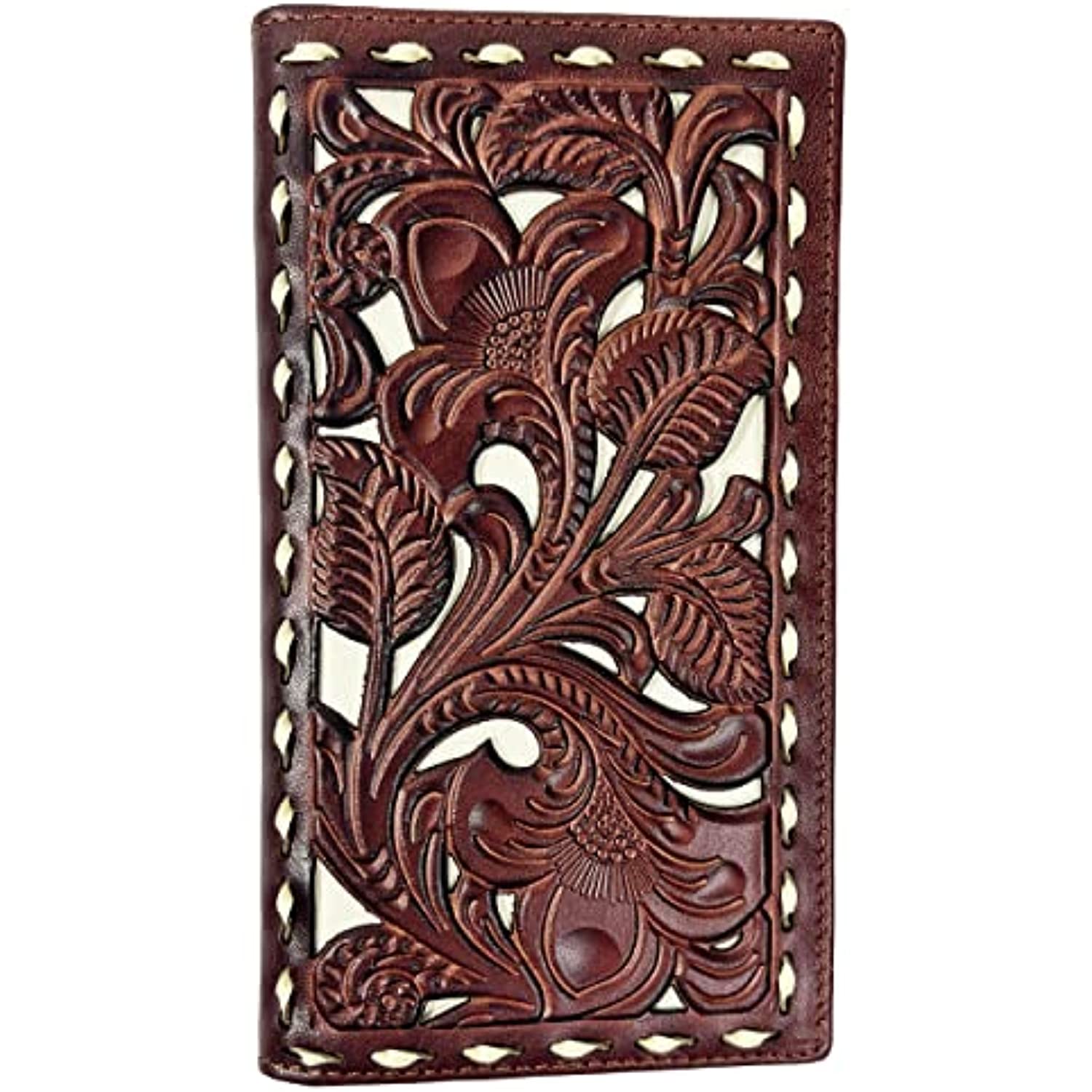 A brown genuine leather wallet with an intricate floral tooled design. The edges are stitched with white thread, and the tooling includes detailed leaves and flowers, giving the Urbalabs Nutrition Western Cowboy Leather Long Wallets for Men Checkbook Tooled Wallet Floral Bifold a decorative and artisanal look. Additionally, it features RFID blocking for added security.