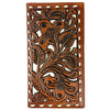 A rectangular, handcrafted men's western wallet featuring intricate floral and leaf patterns. Made from genuine leather, the design is embossed in dark brown with lighter brown and beige accents, creating a detailed and textured look. The Western Cowboy Leather Long Wallets for Men Checkbook Tooled Wallet Floral Bifold by Urbalabs Nutrition has a stitched border and offers RFID blocking for added security.