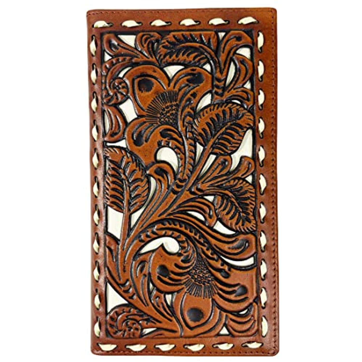 A rectangular, handcrafted men's western wallet featuring intricate floral and leaf patterns. Made from genuine leather, the design is embossed in dark brown with lighter brown and beige accents, creating a detailed and textured look. The Western Cowboy Leather Long Wallets for Men Checkbook Tooled Wallet Floral Bifold by Urbalabs Nutrition has a stitched border and offers RFID blocking for added security.
