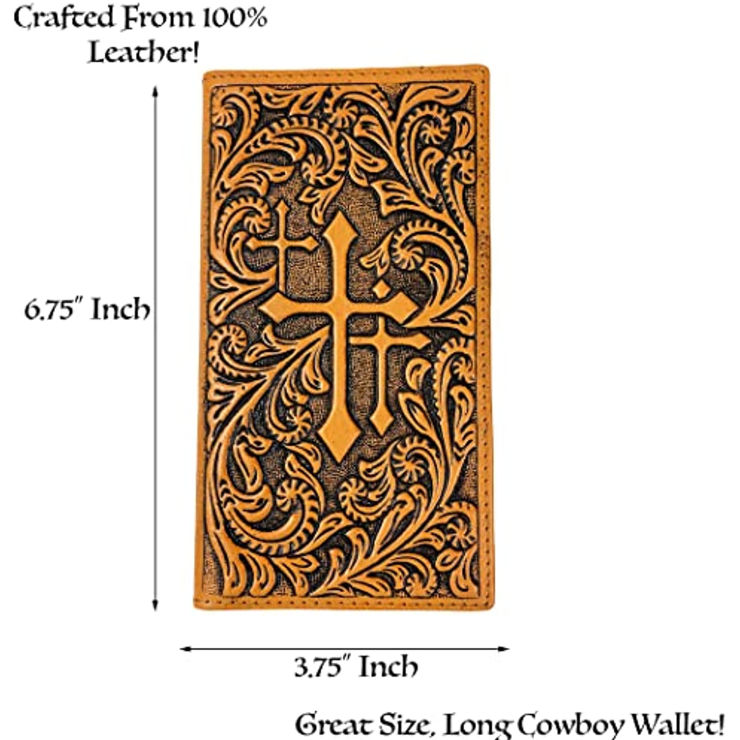 A Urbalabs Nutrition Western Cowboy Leather Long Wallets for Men Cross Tooled Wallet 003, measuring 6.75 inches by 3.75 inches, is shown. Crafted from genuine leather and featuring an intricate embossed design with a prominent cross in the center, this RFID blocking wallet combines style and security seamlessly. Text around the image highlights its size and craftsmanship.