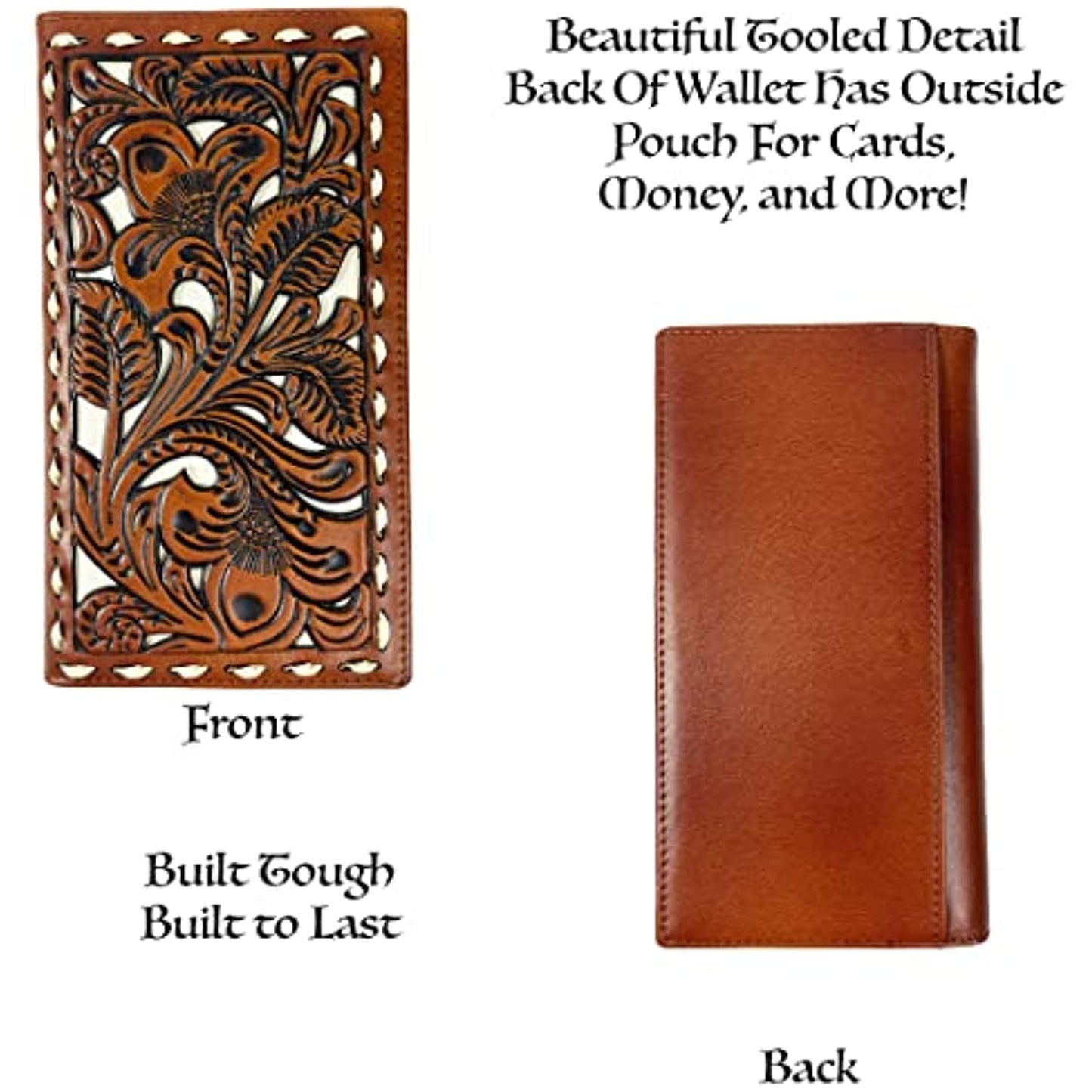 Image showing two sides of a Urbalabs Nutrition Western Cowboy Leather Long Wallet Floral Cut. The front features detailed embossed floral patterns with a woven border, embodying a Rodeo Style Cowboy Up vibe. The back is plain and smooth, with text highlighting its durability, RFID blocking technology, and an external pouch for cards and money.