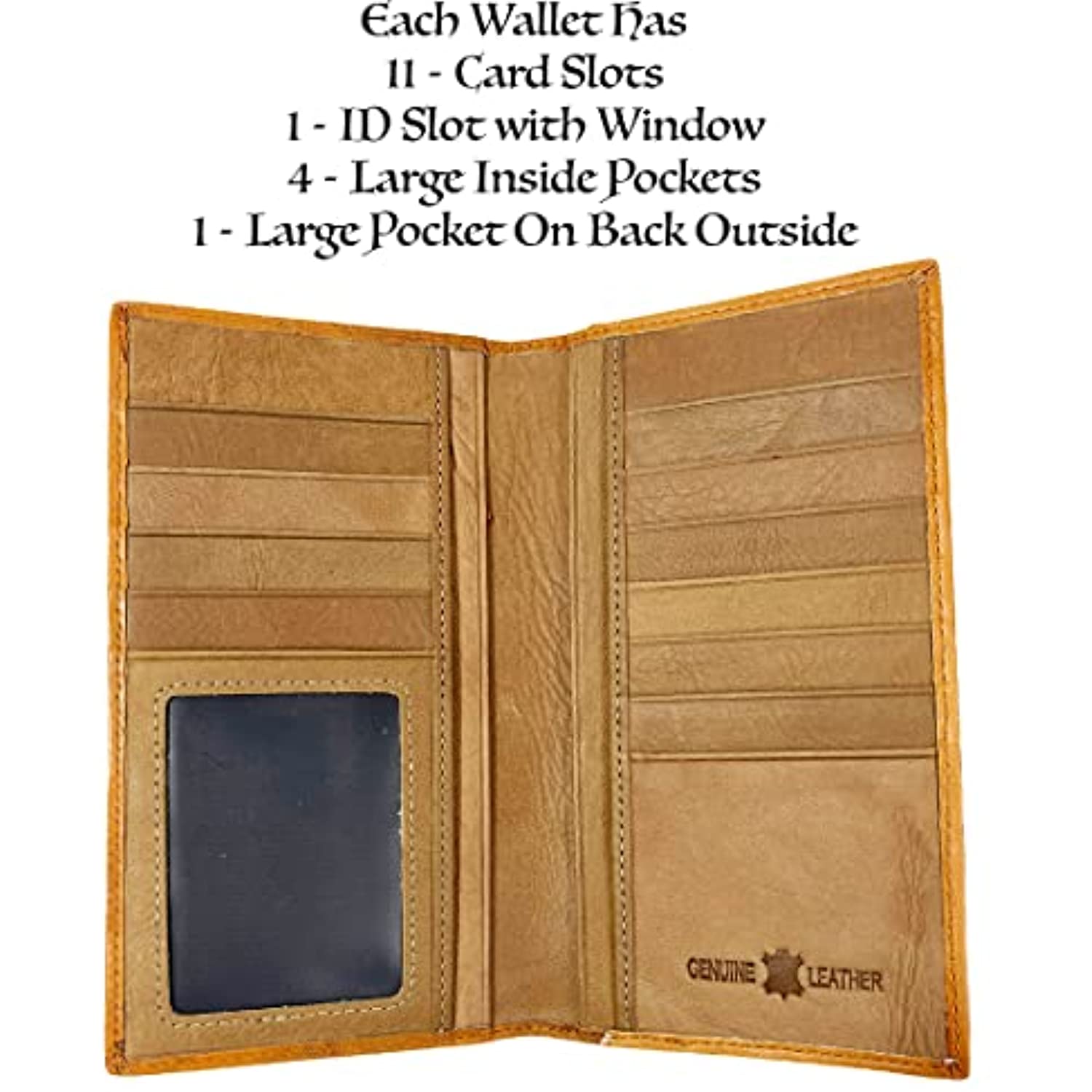 Open the Western Cowboy Leather Long Wallets for Men Checkbook Tooled Wallet Floral Bifold by Urbalabs Nutrition with several card slots, an ID slot with a window, four large inside pockets, and one large pocket on the back outside. Crafted from genuine leather, it also features RFID blocking technology to protect your cards. Each wallet has 11 card slots and 1 ID slot with window.