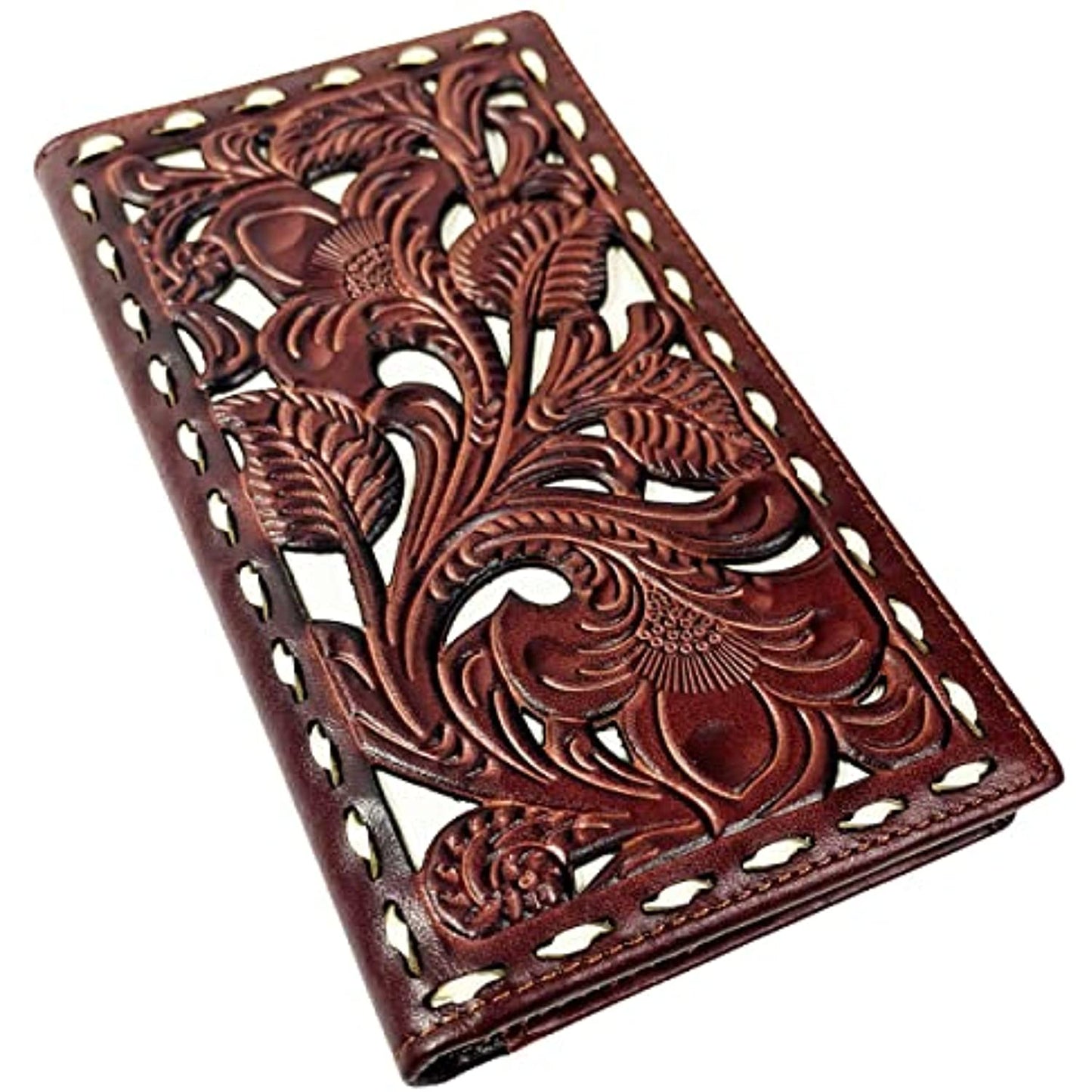 Western Cowboy Leather Long Wallets for Men Checkbook Tooled Wallet Floral Bifold