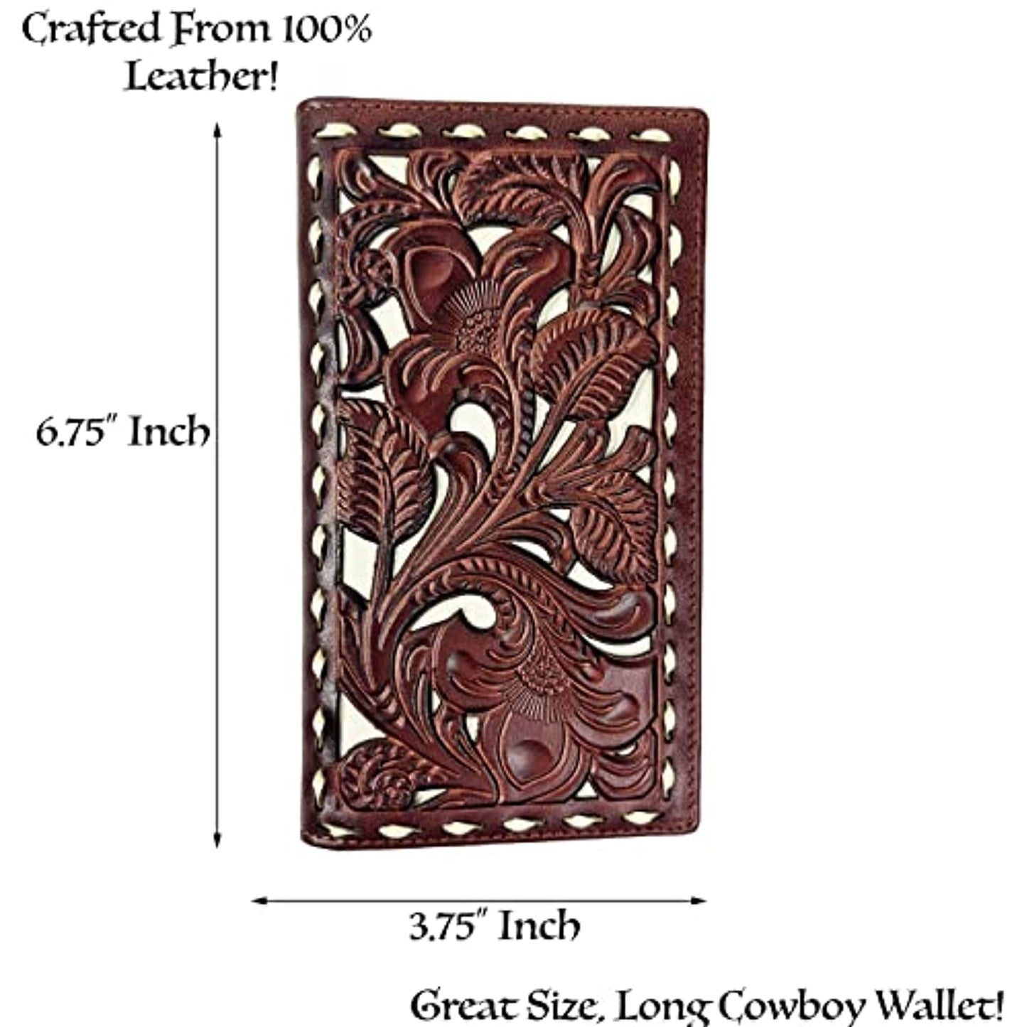 A rectangular brown men's Western wallet made of genuine leather with an intricate floral tooled design is shown. Text around it states "Crafted From 100% Genuine Leather!" at the top, with dimensions of 6.75 inches tall and 3.75 inches wide, and "Urbalabs Nutrition Western Cowboy Leather Long Wallets for Men Checkbook Tooled Wallet Floral Bifold - Great Size, Long Cowboy Wallet!" at the bottom.