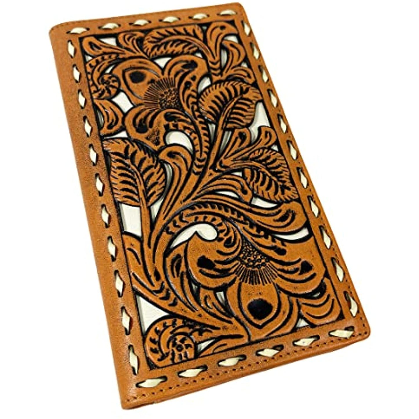 A Urbalabs Nutrition Western Cowboy Leather Long Wallets for Men Checkbook Tooled Wallet Floral Bifold in genuine leather with intricate, embossed floral designs. Featuring detailed patterns of leaves and flowers framed by a stitched appearance, it also offers RFID blocking for added security. The craftsmanship highlights the rich texture and elegance of the design.