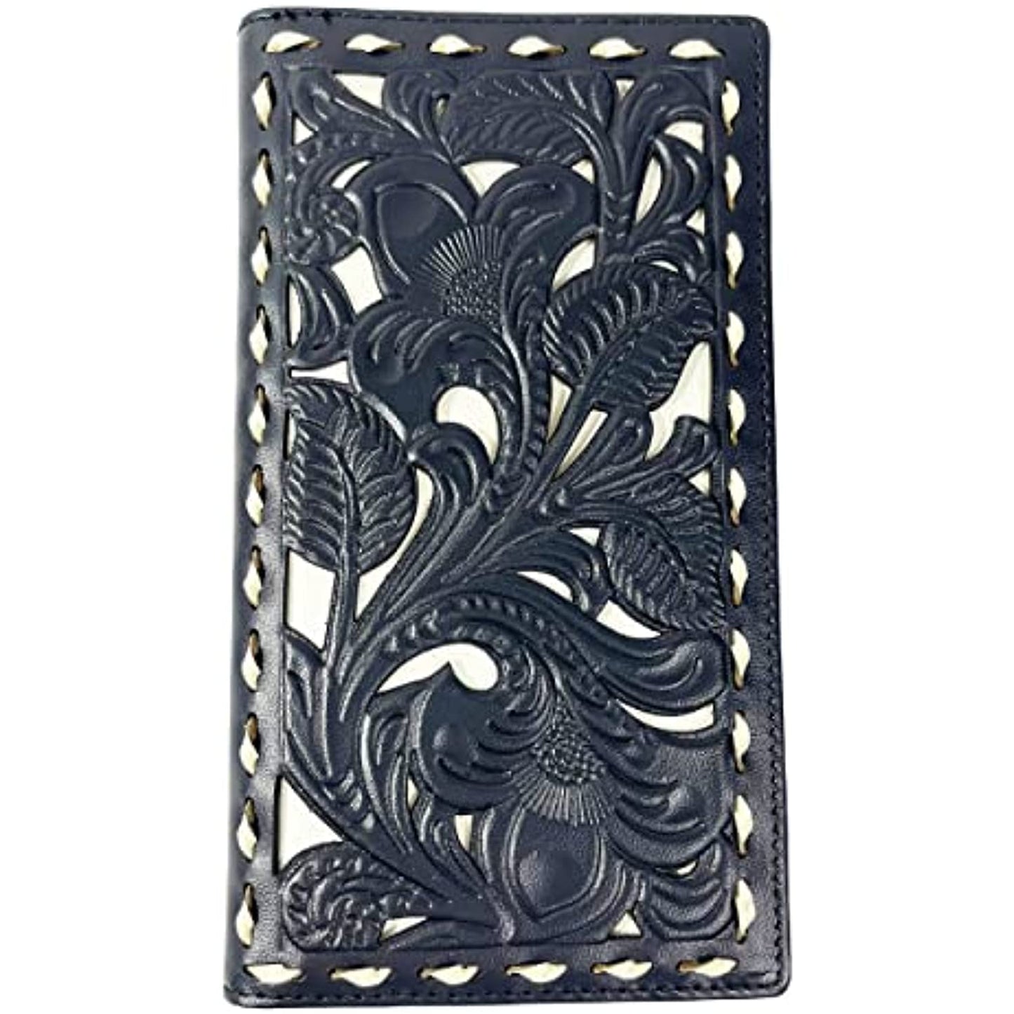 An Urbalabs Nutrition Western Cowboy Leather Long Wallets for Men Checkbook Tooled Wallet Floral Bifold. The edges are stitched with white thread, adding a contrasting detail to the dark leather. This men's Western wallet features RFID blocking and boasts an elegant, detailed design for a sophisticated appearance.