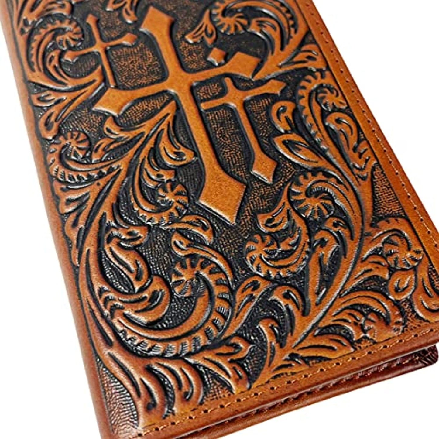 A Urbalabs Nutrition Western Cowboy Leather Long Wallets for Men Cross Tooled Wallet 003 with intricate embossed designs featuring a large cross in the center surrounded by ornate floral patterns, complete with RFID blocking technology.